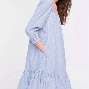 J Crew Blue White Striped Floral Embroidered Popover Shift Dress Size XS